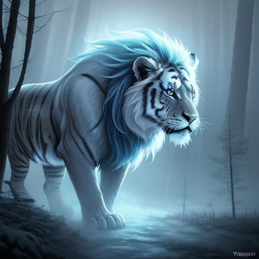 Icy Lion-Tiger Hybrid in Misty Forest, Digital Art