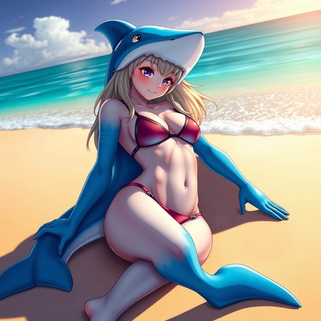 Sensual Shark-Woman Basks in Anime-Inspired Beach Scene