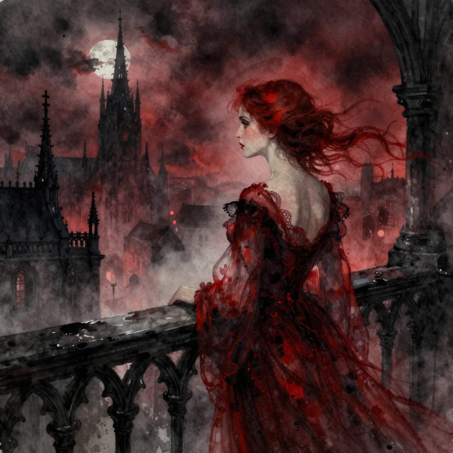 Gothic Woman Gazes Over Historic City at Night