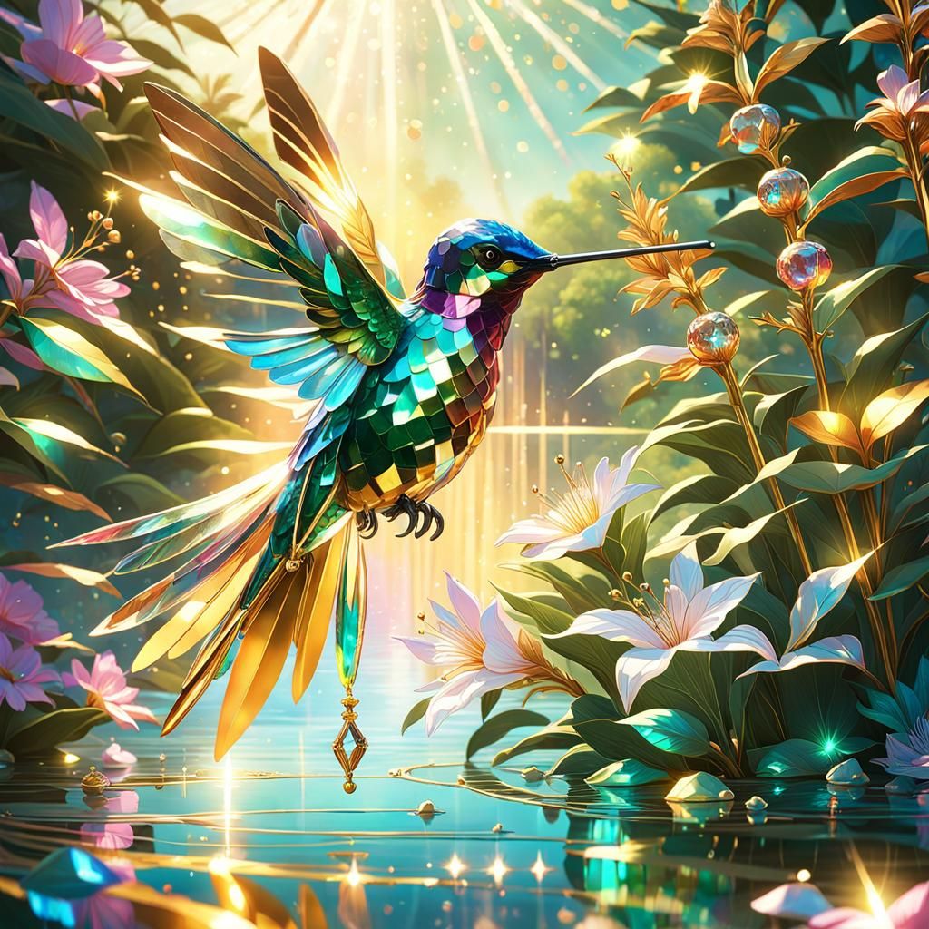Iridescent Crystal Hummingbird on Branch: Hyperdetailed Digi...
