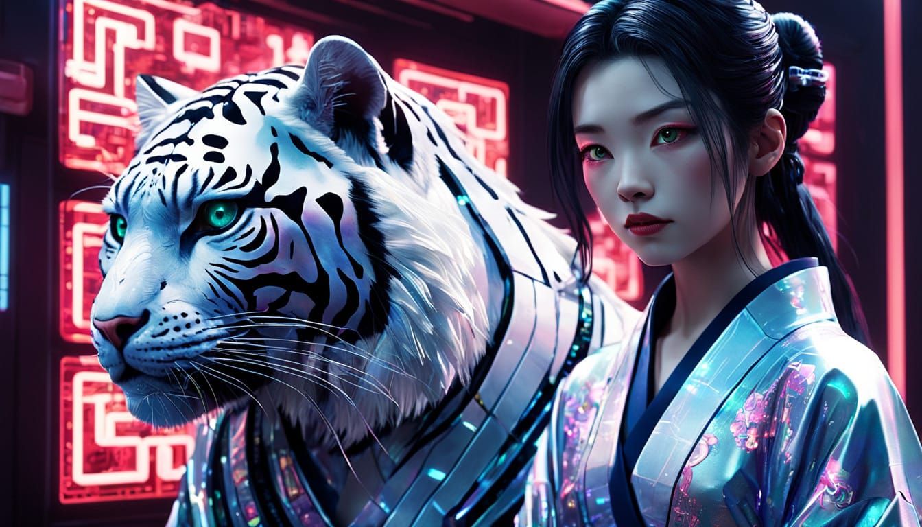 Cyberpunk Geisha in Neon Holographic Palace