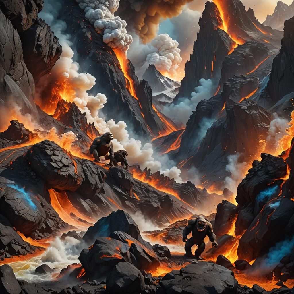 White King Kongs Fleeing Lava Avalanche in Fantasy Landscape