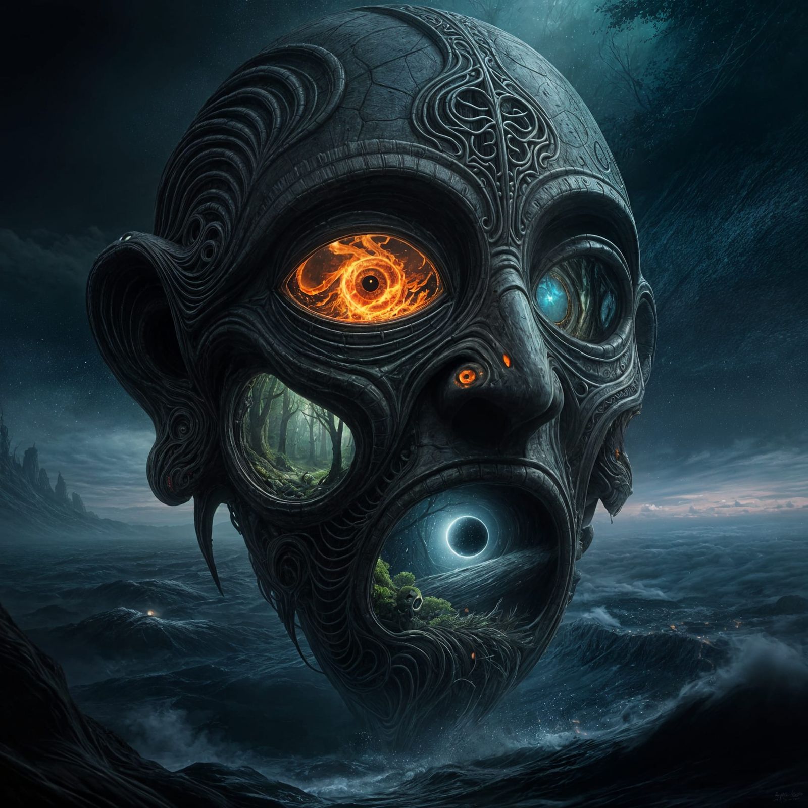 Giant Floating Mask Reveals Worlds Within, Dark Fantasy Art