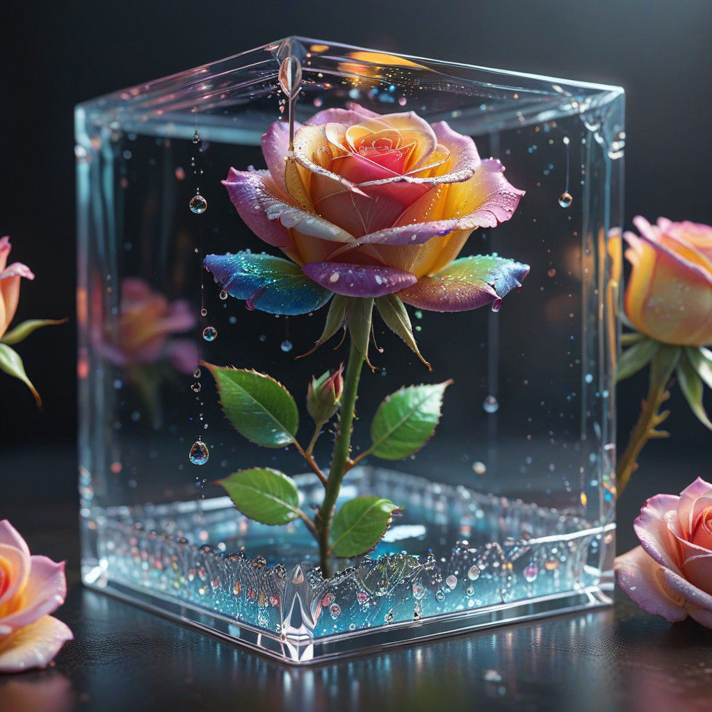 Vibrant Rainbow Rose in Glass Box Anime Art