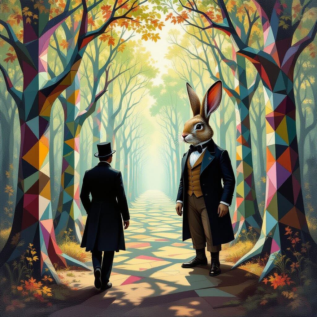 Victorian Man Meets Giant Rabbit in Surreal Geometric Forest