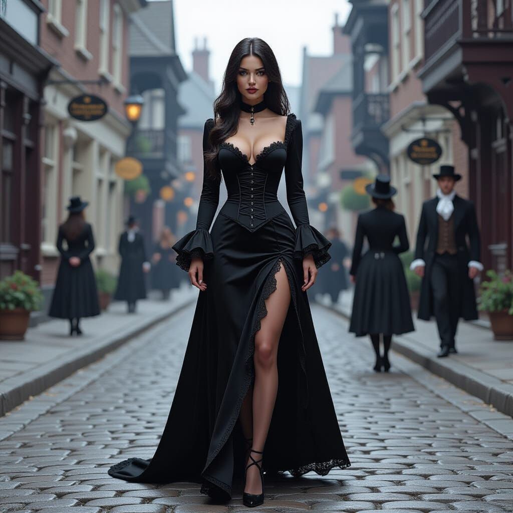 Gothic Witch in Victorian Street, 3D Render