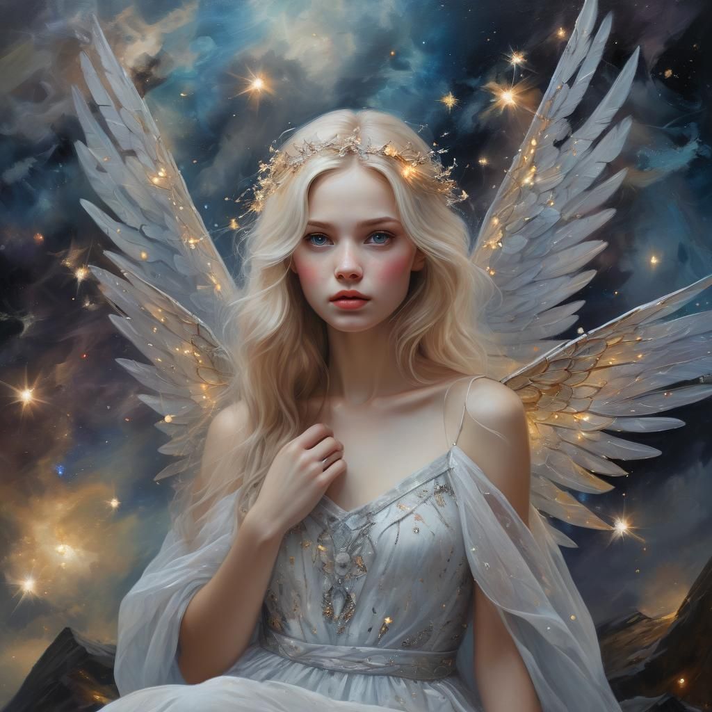 Ethereal Blonde Woman with Angel Wings, Oil Painting