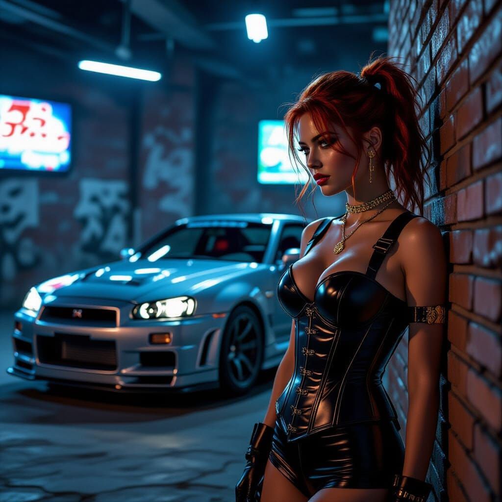 Silver R34 GTR with Woman in Neon Garage