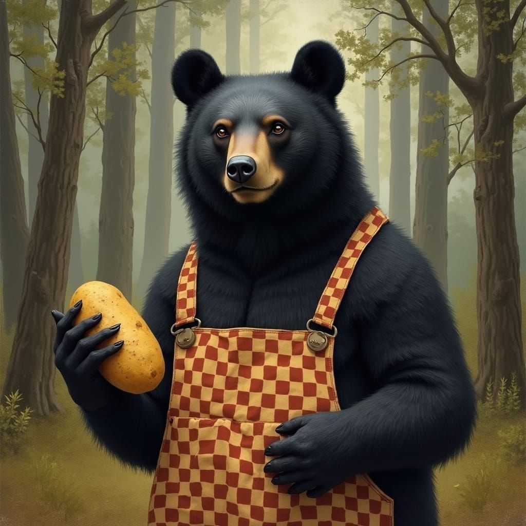 Black Bear Chef with Potato, Wildlife Art