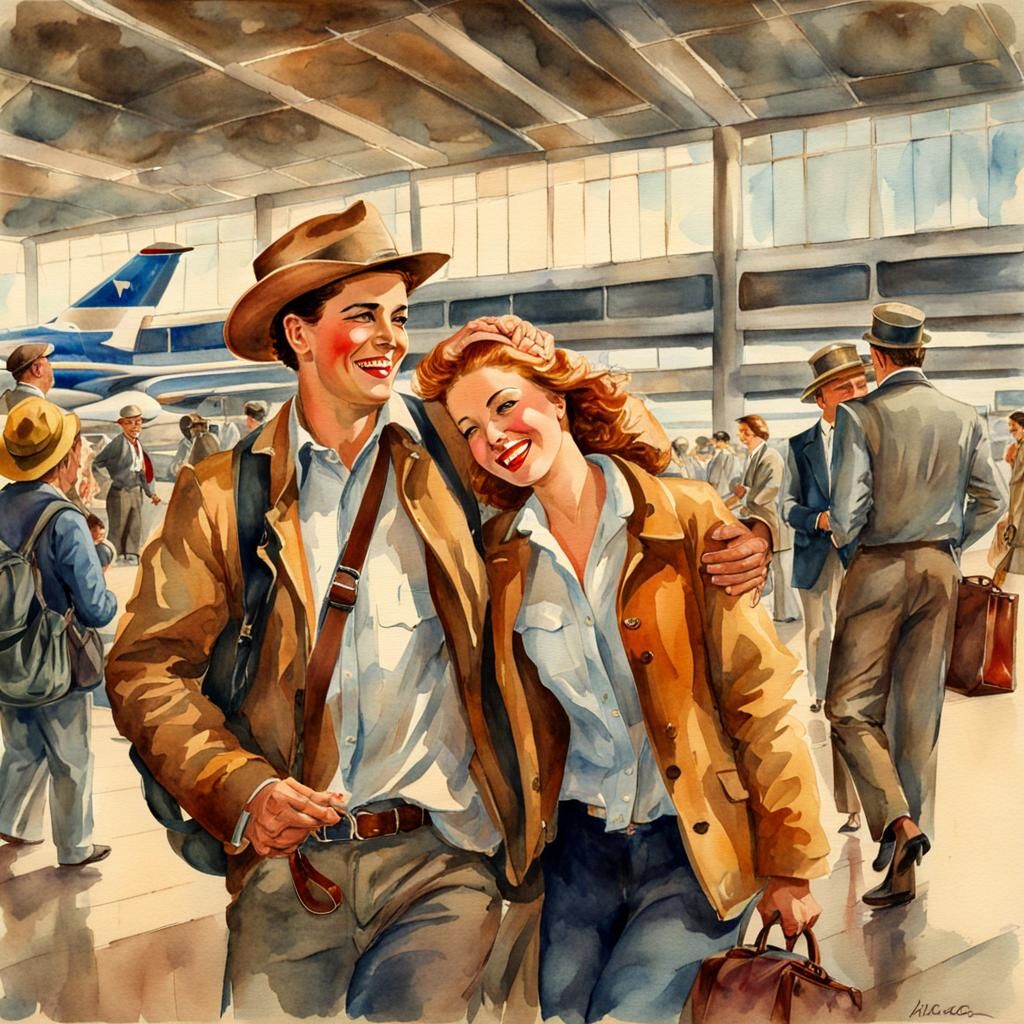Airport Reunion in Antique Watercolor Style