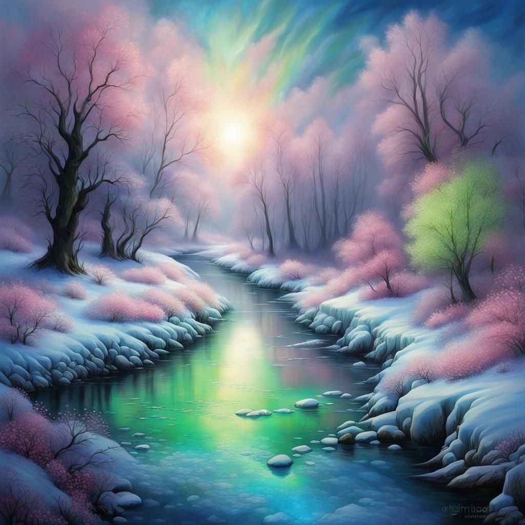 Ethereal Glowing River in Spring Landscape