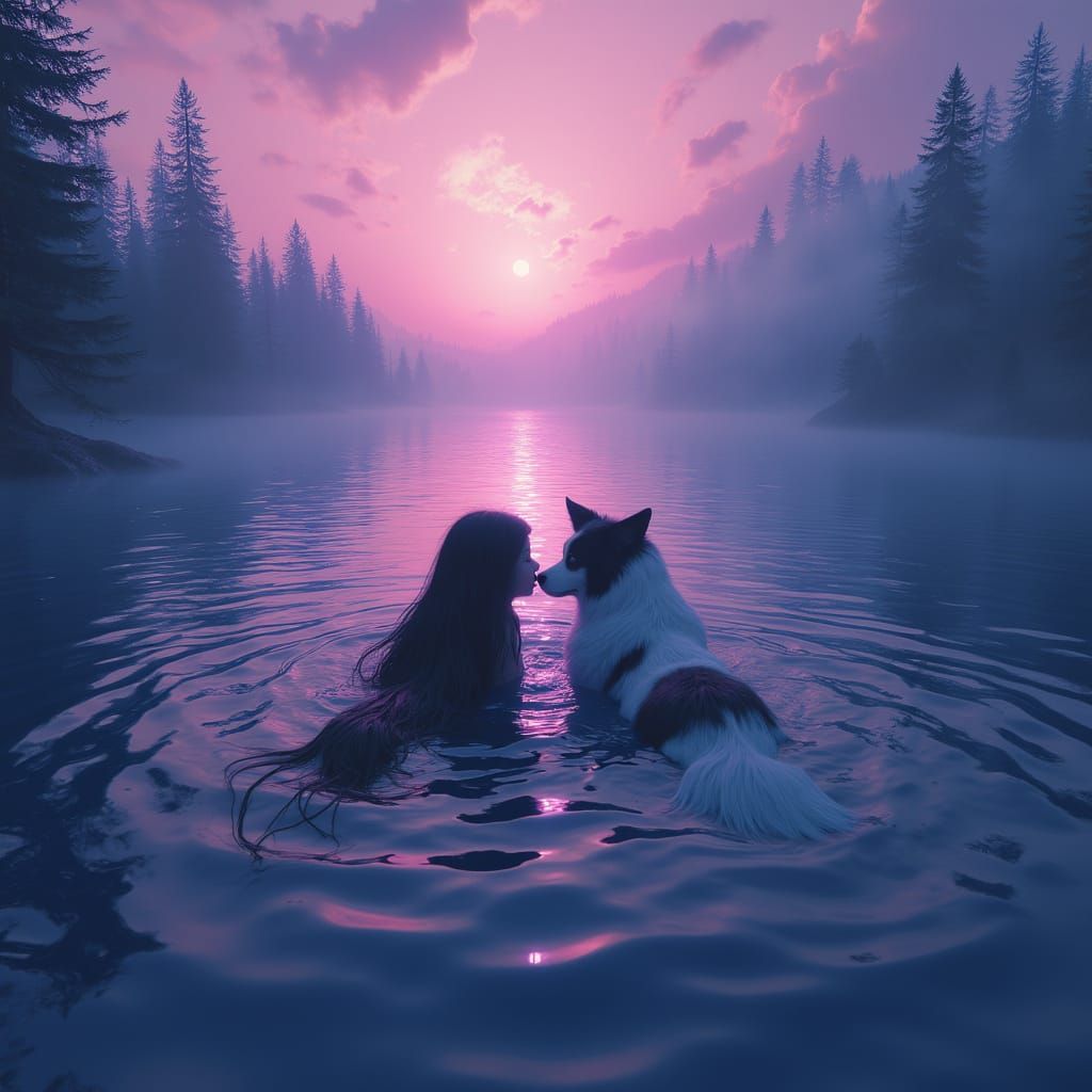 Mystical Ocean Journey: Girl & Dog Under Surreal Skies