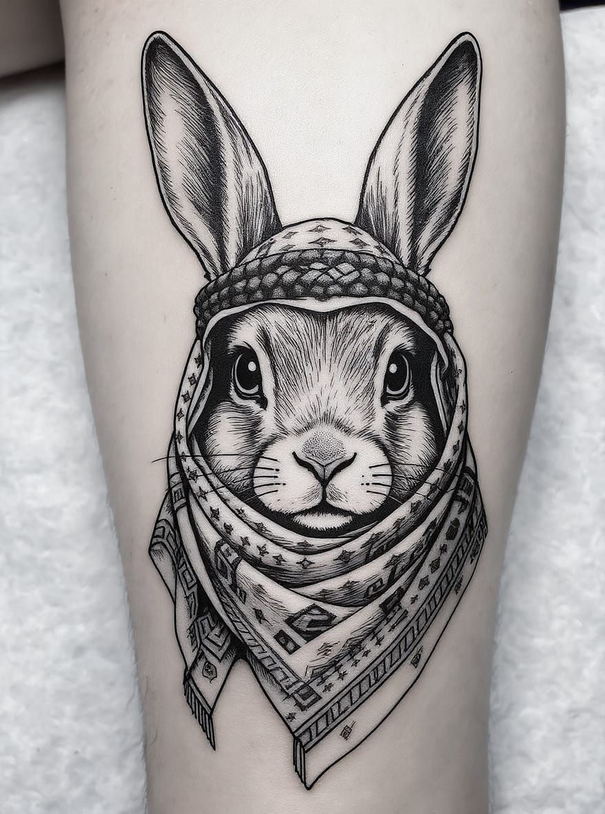 Rabbit Head Tattoo Design Wrapped in Keffiyeh