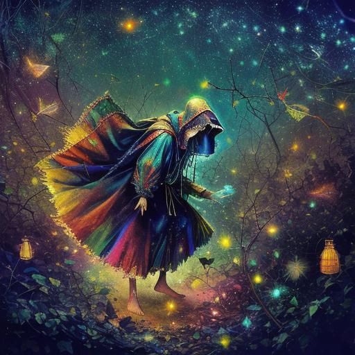 Vintage Hologram of Figure with Fireflies