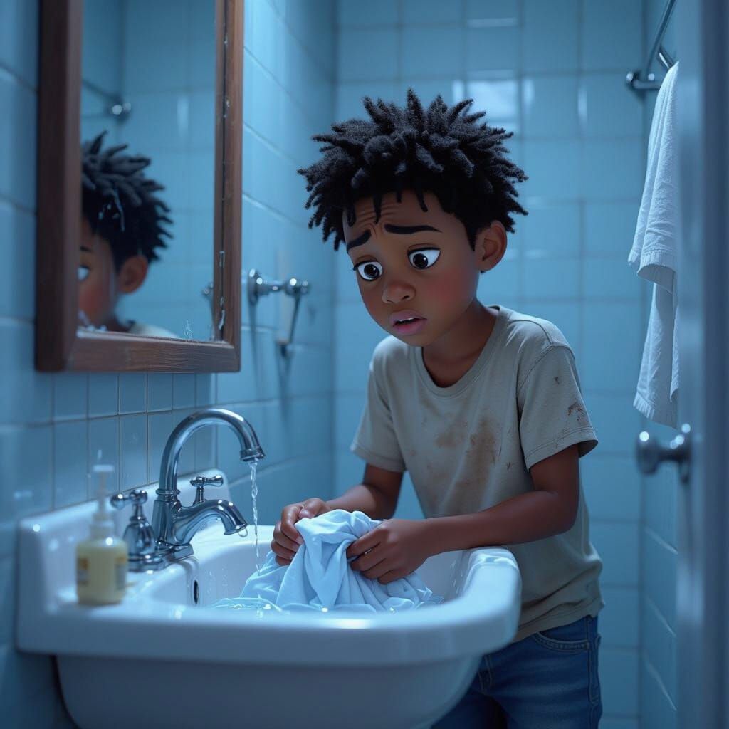 Sad Boy Washing Sheets: Pixar-Style Realism