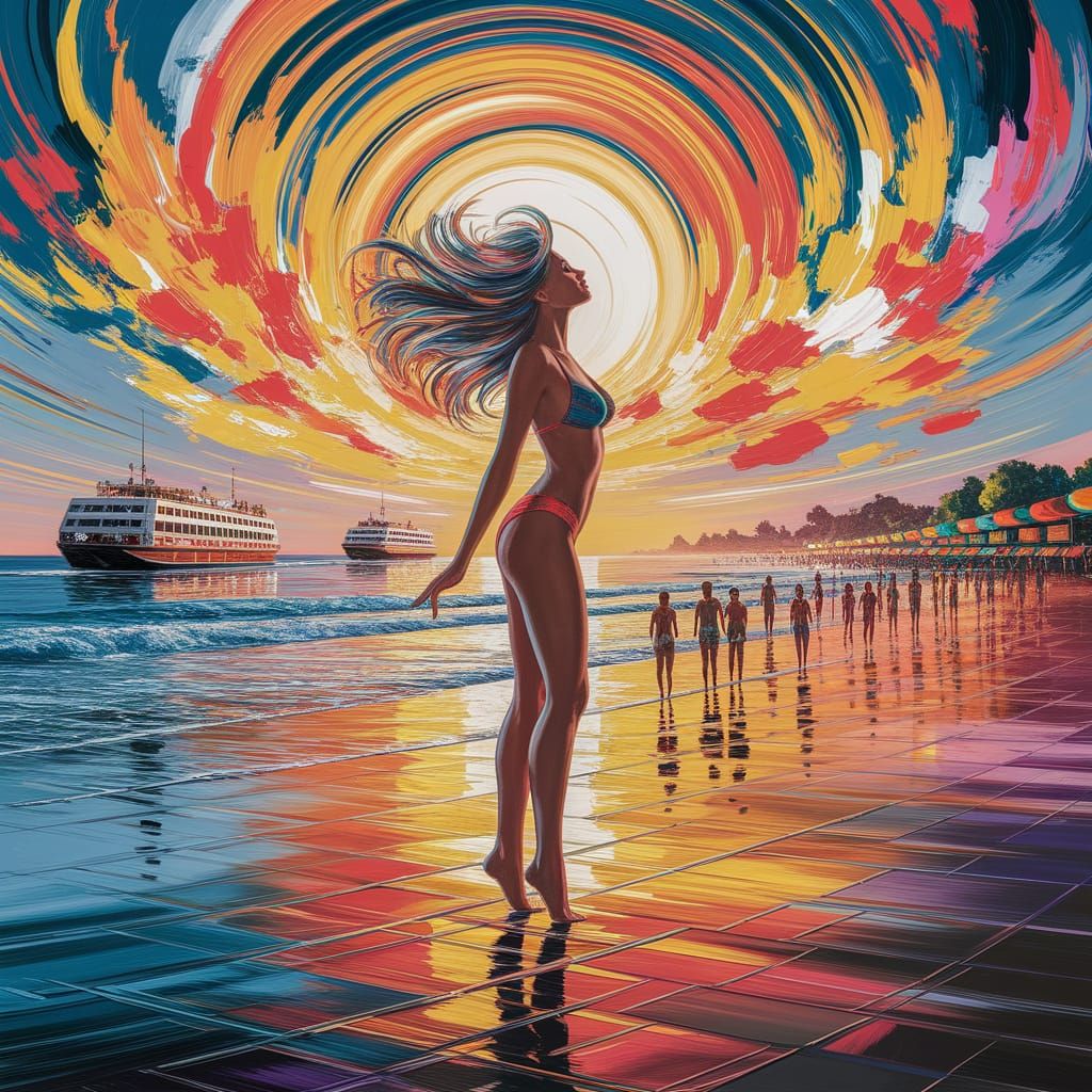 Psychedelic Sunset Beach Scene in Neo-Impressionist Style