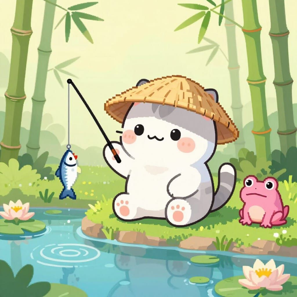 Cute Kitten Fishing in Tranquil Pond Pixel Art