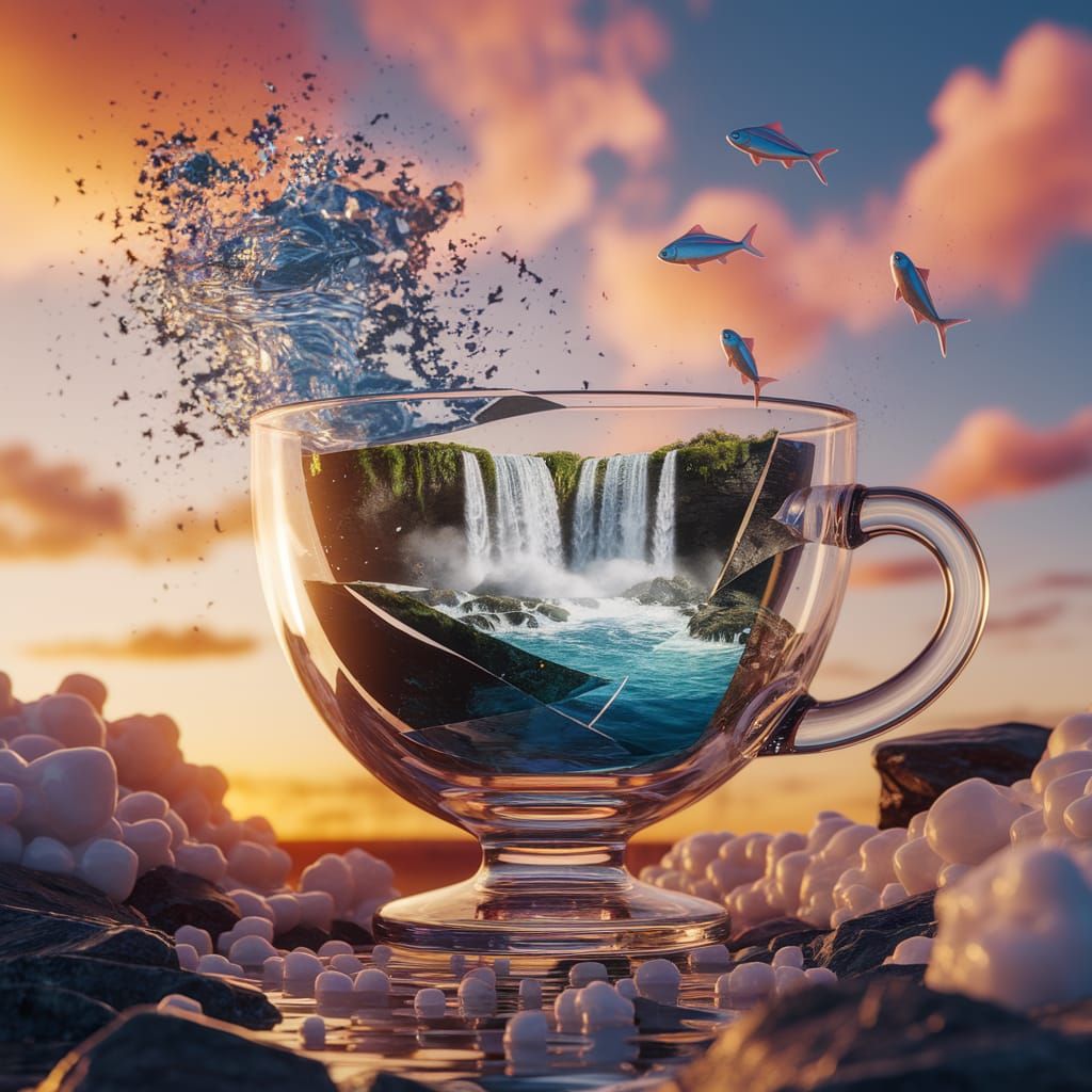 Waterfall Landscape Exploding From Glass in 3D Render