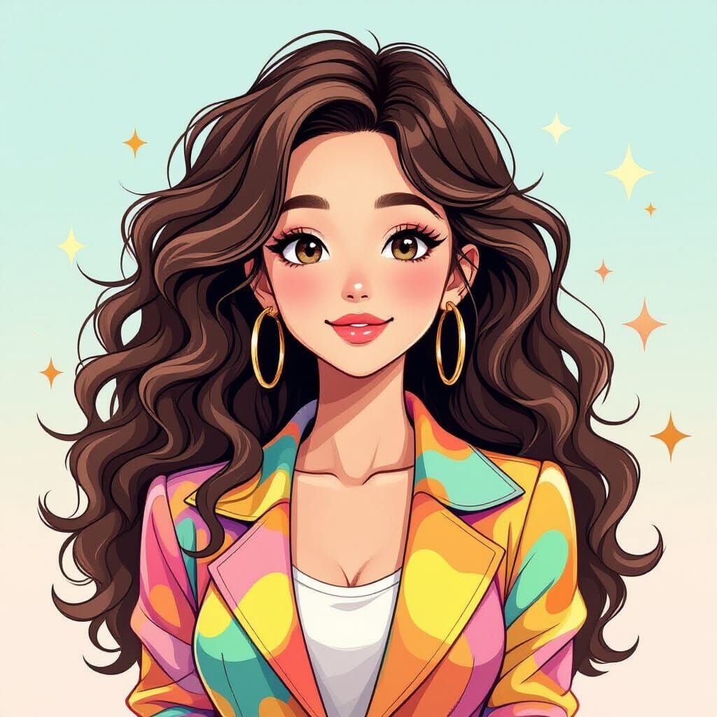 Anime Style Young Woman with Curly Brown Hair