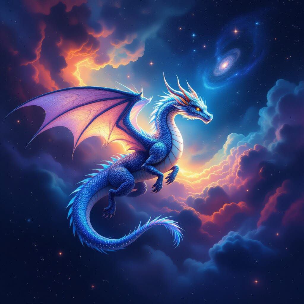 Bioluminescent Dragon Soars Through Cosmic Nebula