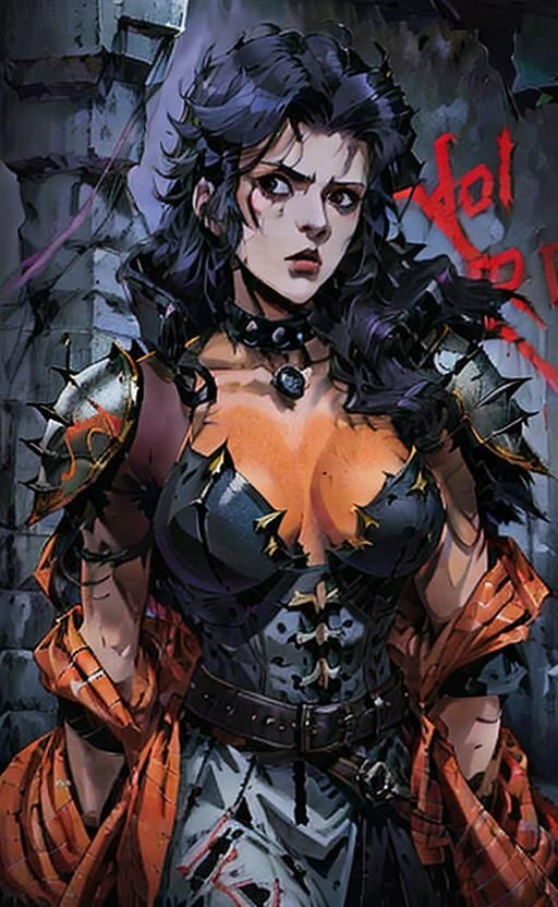 Young <lora:Jasmine Maimone:1.0> as a Anime Style Character: Vampire Hunter with Metal Armor Outfit with spikes on Shoul...