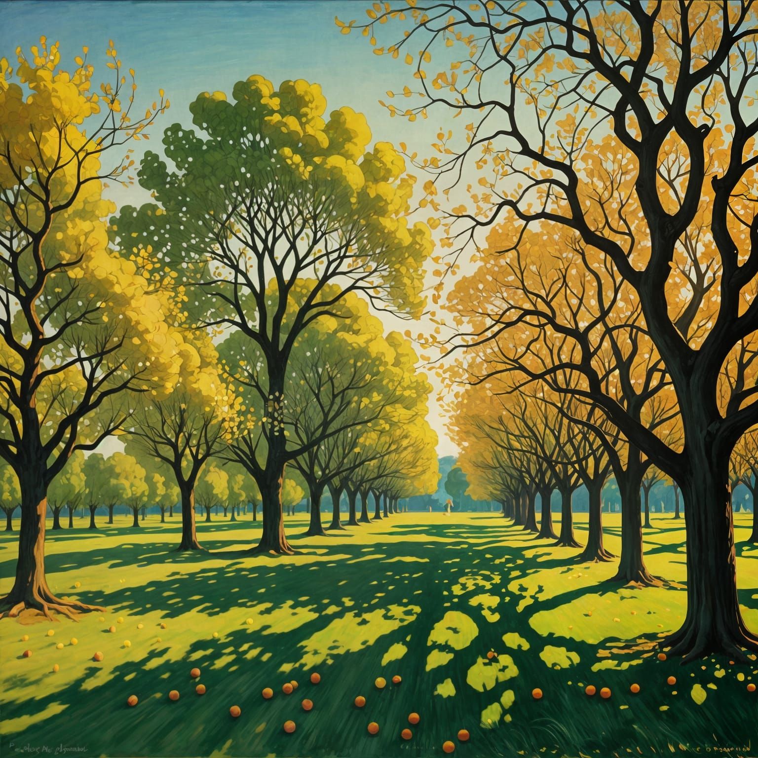 Surreal Orchard with Graceful Curves in Vibrant Colors