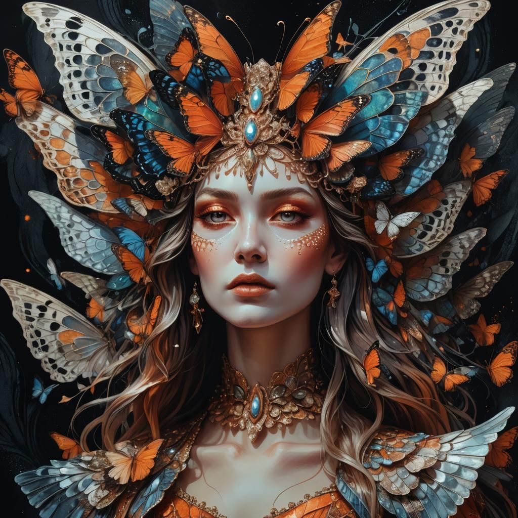 Surreal Woman with Butterfly Headdress in Digital Art
