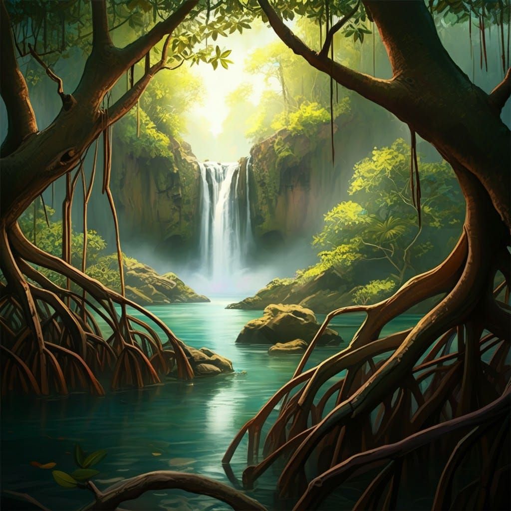 Cinematic Mangrove Forest Waterfall in Dark Style