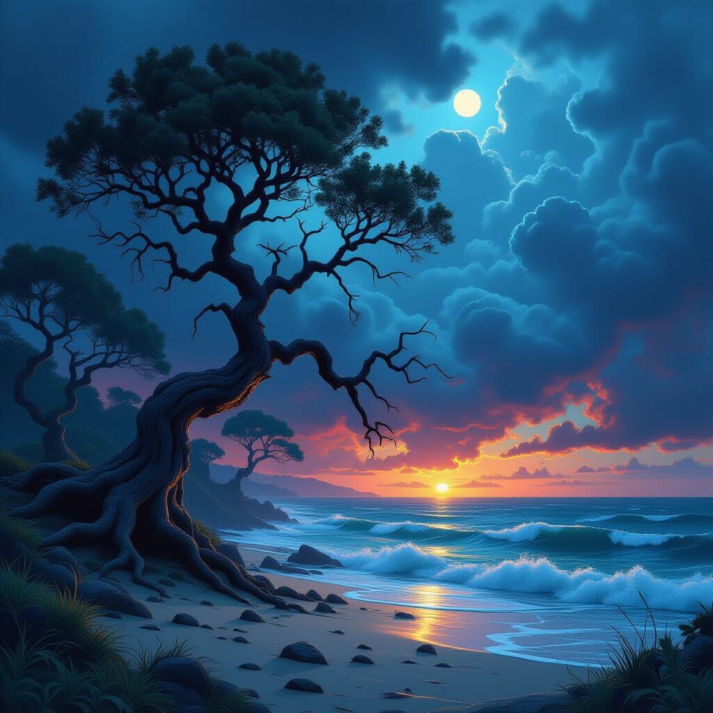 Turbulent Stormy Night with Gnarled Trees in Matte Painting ...