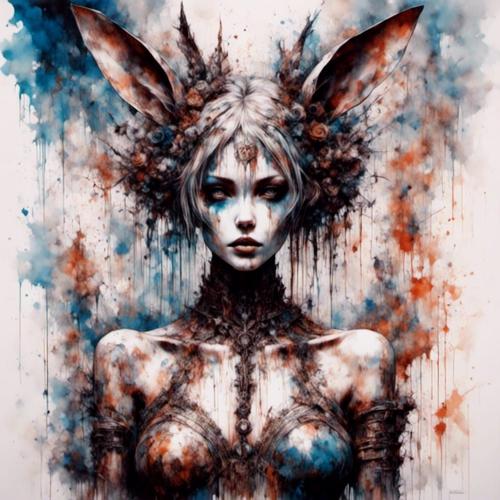 Bunny-Eared Fairy in Macabre Watercolor Style