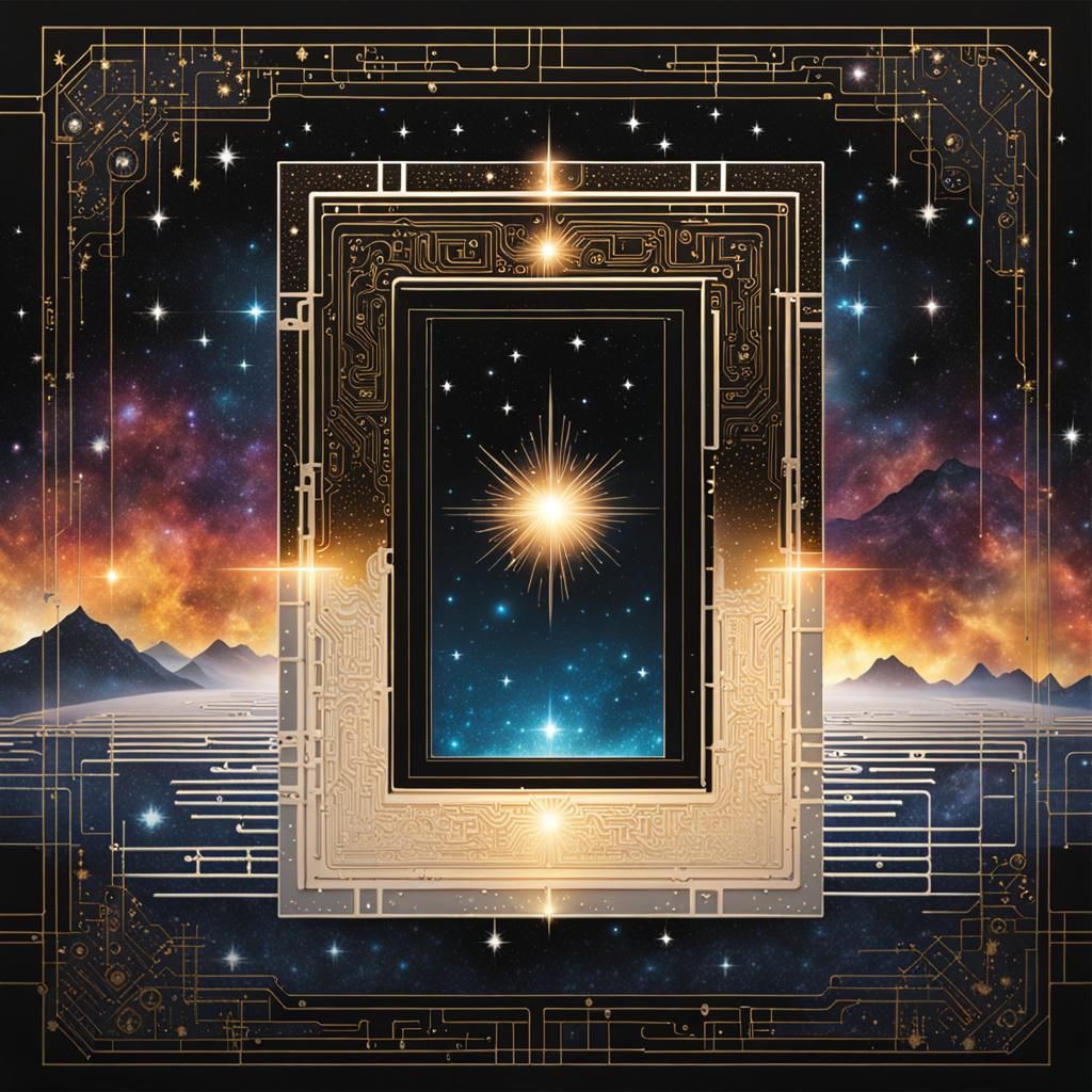 Circuitry Framed Cosmic Portal with Stardust