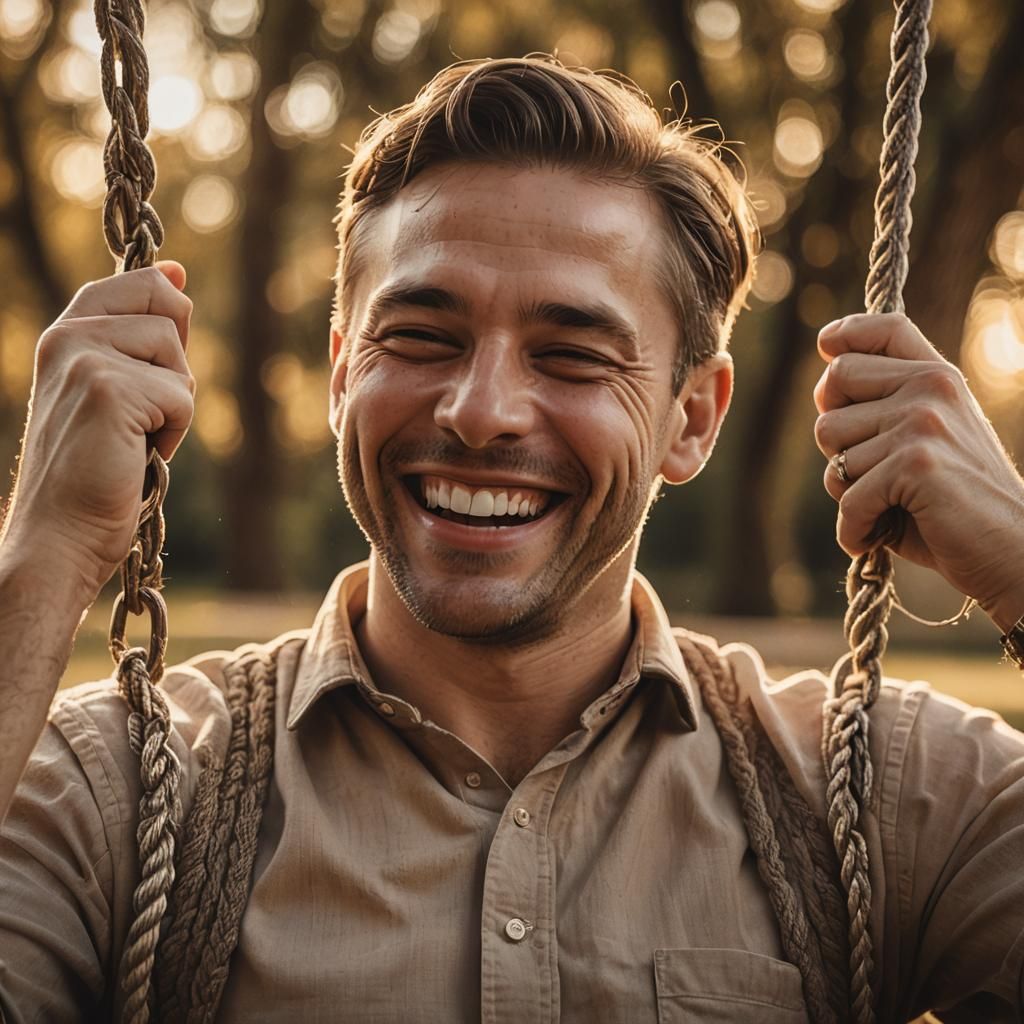 Laughing Man on Swing in Hyperrealist Style