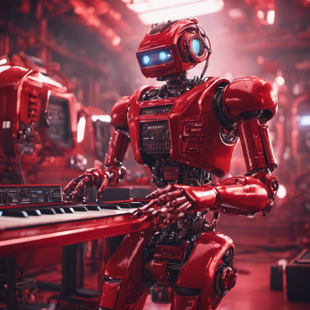 Vintage Red Robot Plays Synth in Factory