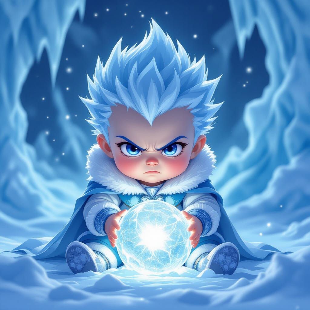 Angry Baby Ice Wizard with Spiky Blue Hair