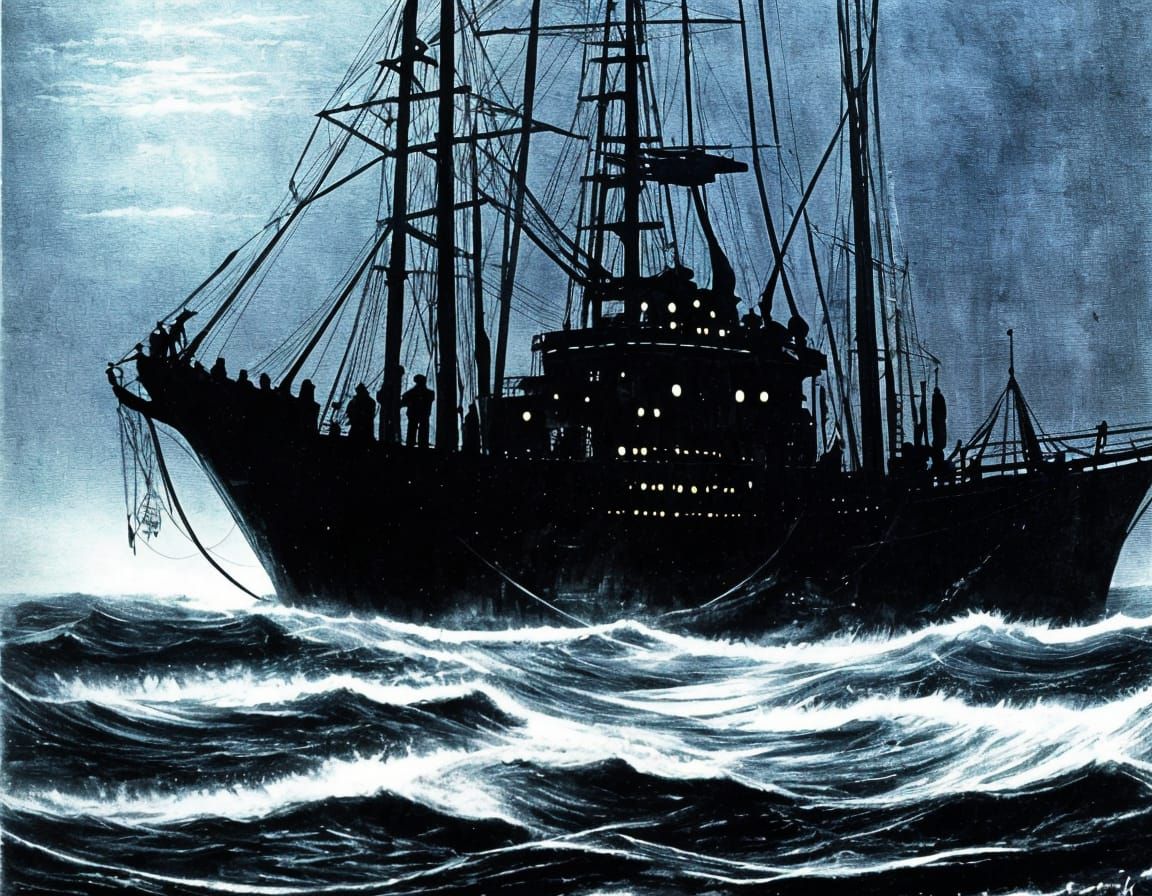 Surrealist Ghost Ship in Midnight Darkness