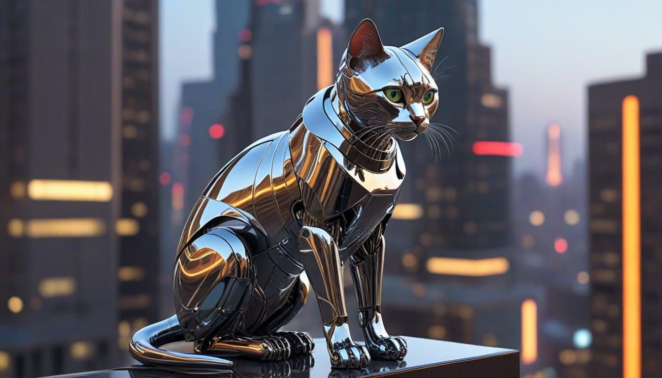 Chrome Robot Cat in Futuristic Metropolis, Art Deco