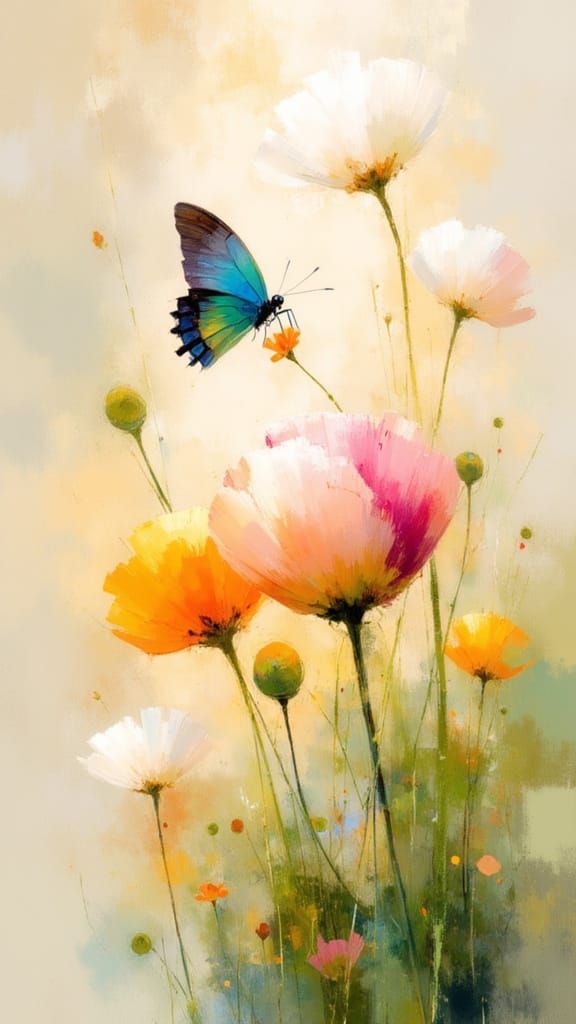 Whimsical Summer Garden Scene with Iridescent Butterfly and ...