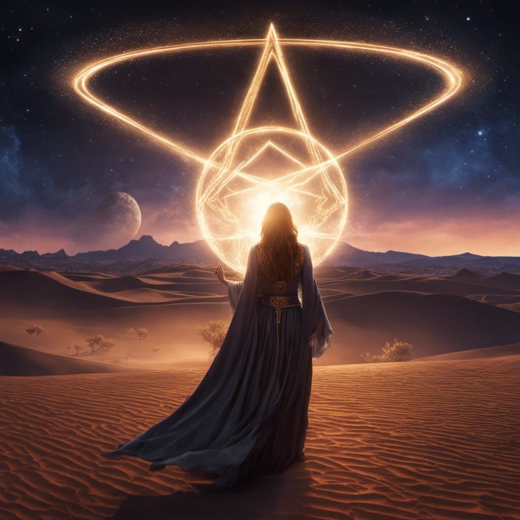 Sorceress Casting Spell in Starry Desert Sky