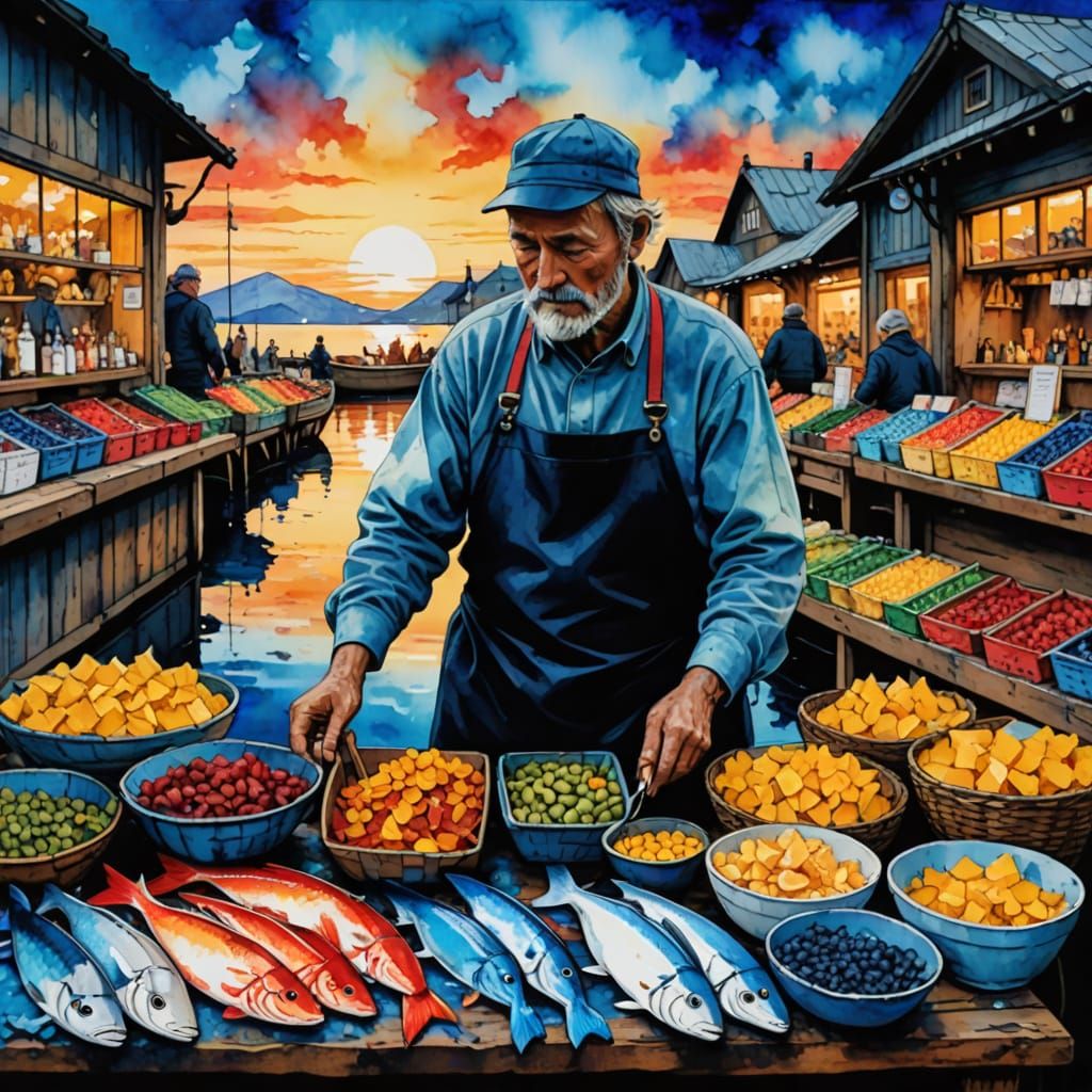 Vibrant Norwegian Market Scene in Impressionist Style