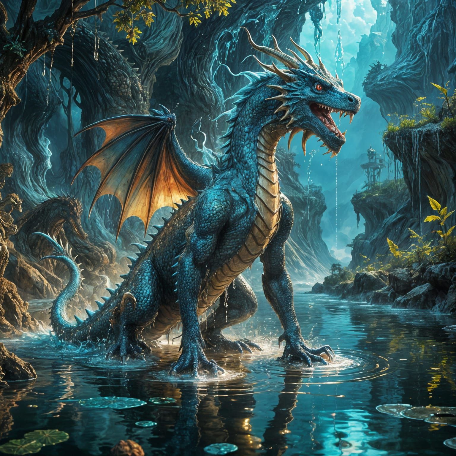 Ethereal Water Dragon in Dreamlike Surrealist Landscape