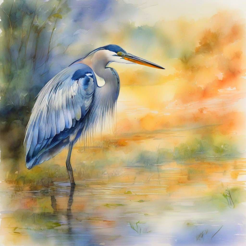 Heron in Shallow Water, Intricate Watercolour Painting