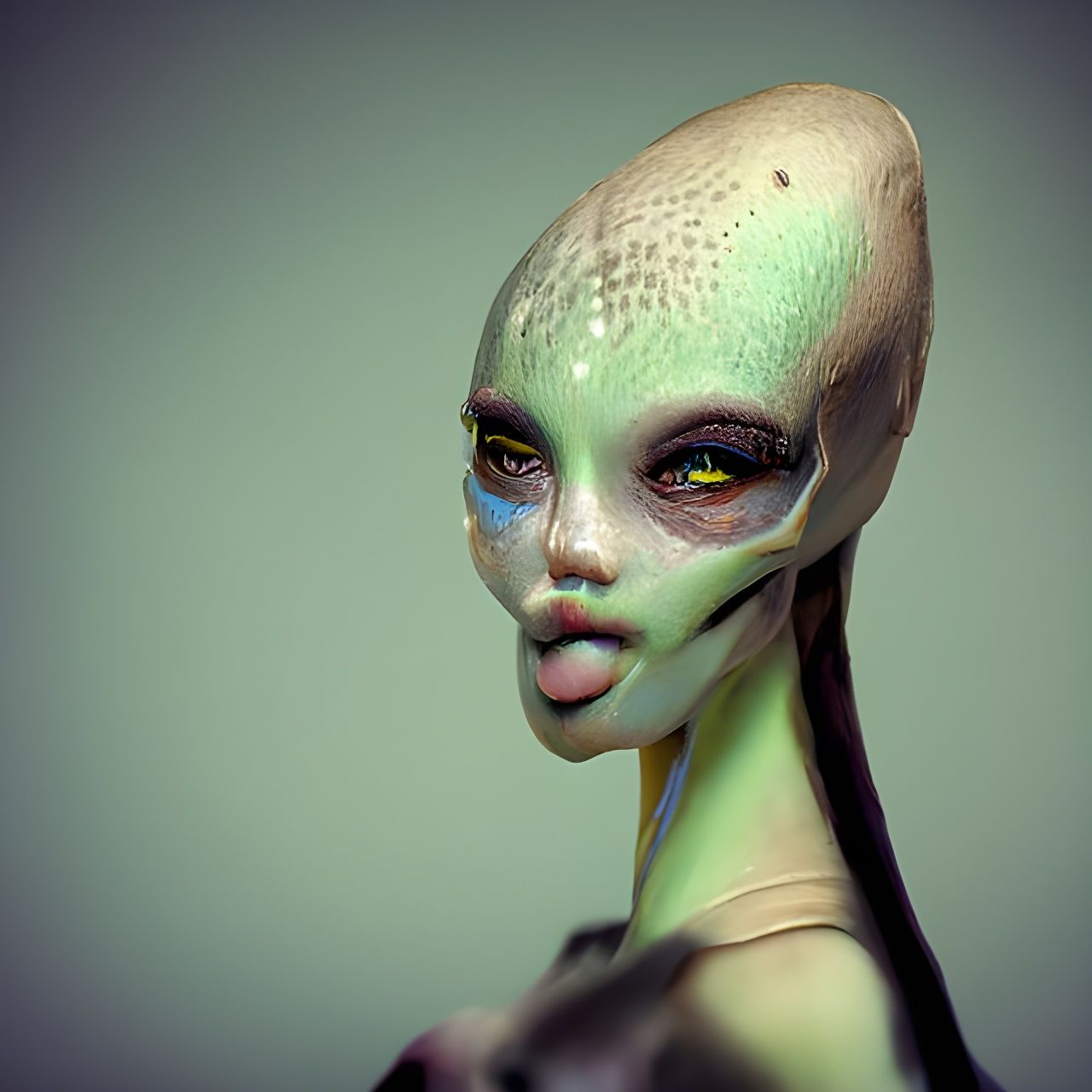 alien girl with botox face posing for cameras