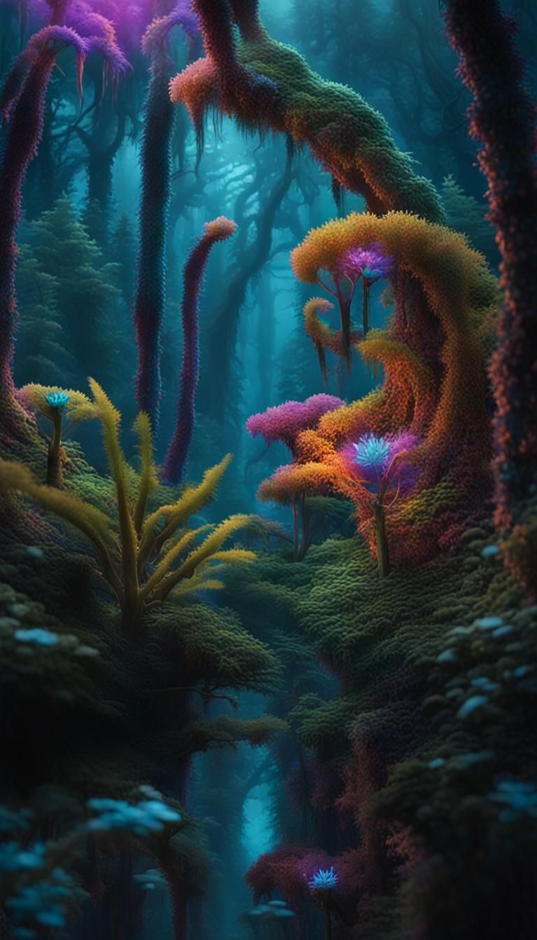 Otherworldly Alien Forest with Bioluminescent Flora