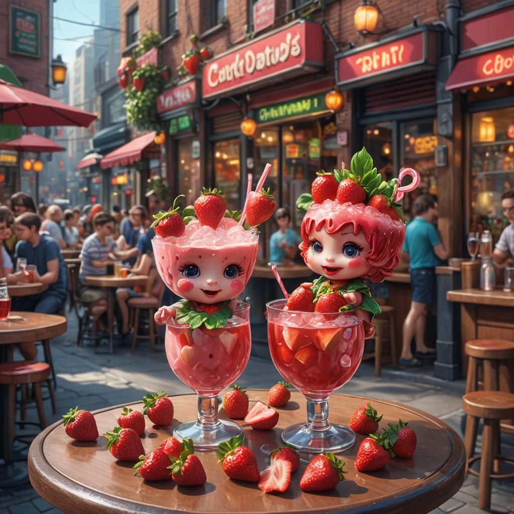 Strawberry Chibis Enjoying Cocktails in Candyland Art
