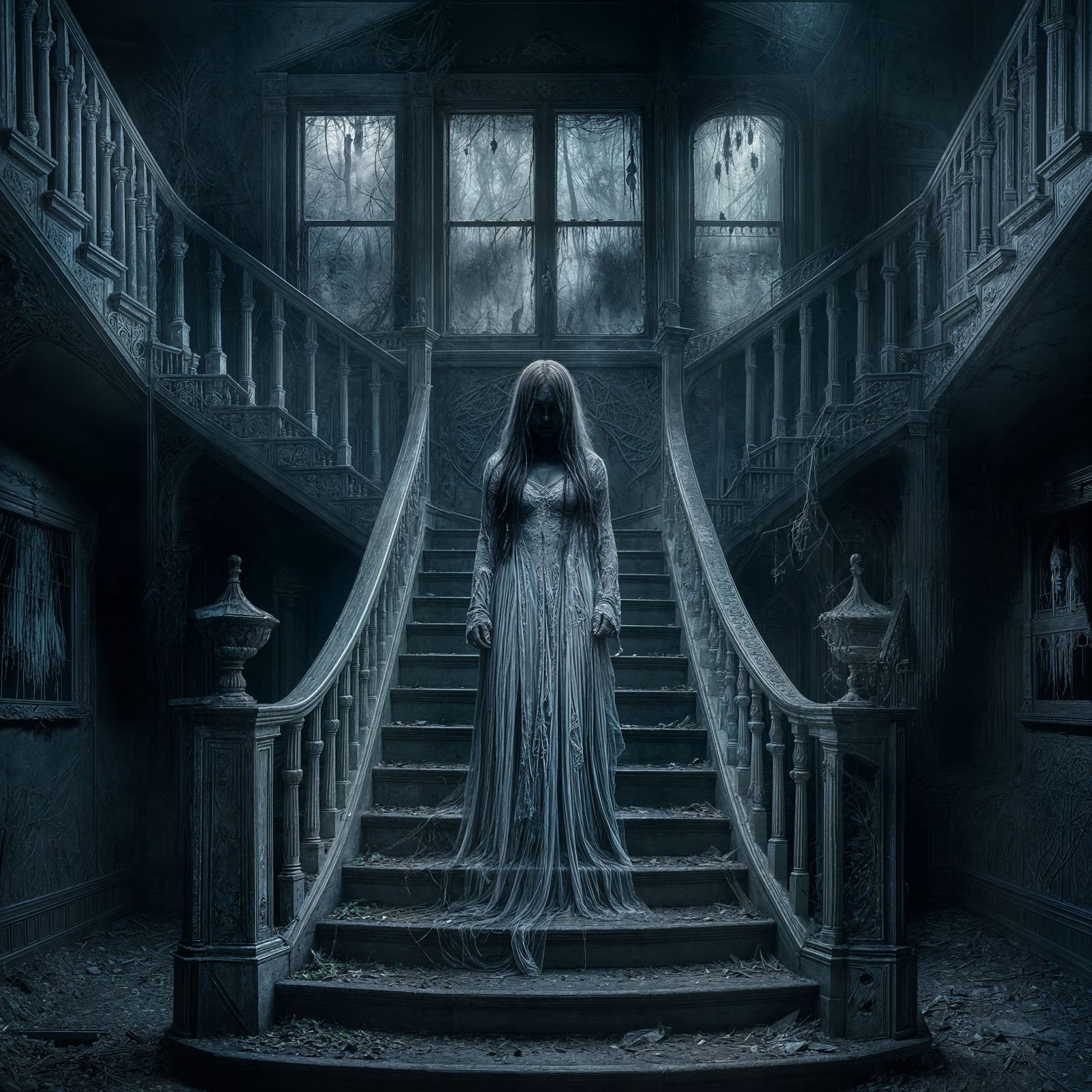 Haunting Ghost in Decaying Victorian Mansion