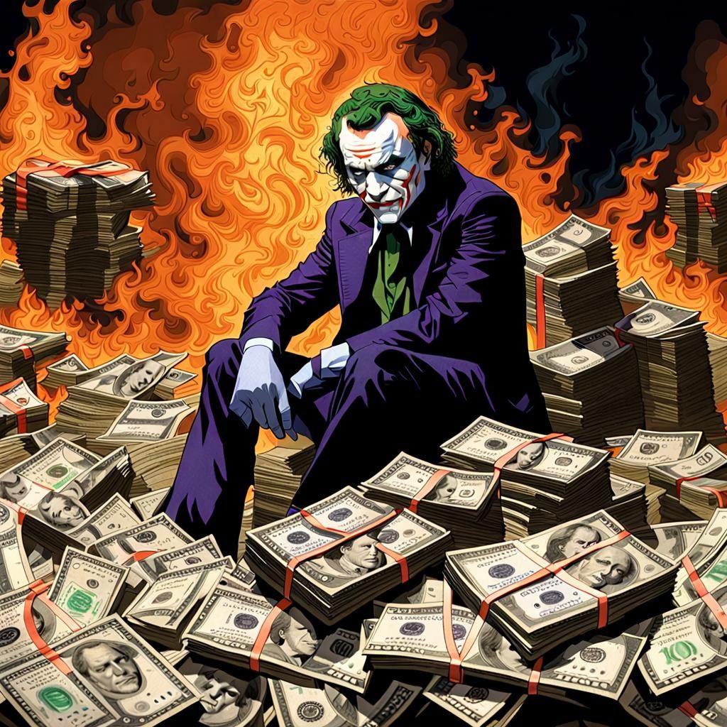 Joker Scowling in Front of Burning Money