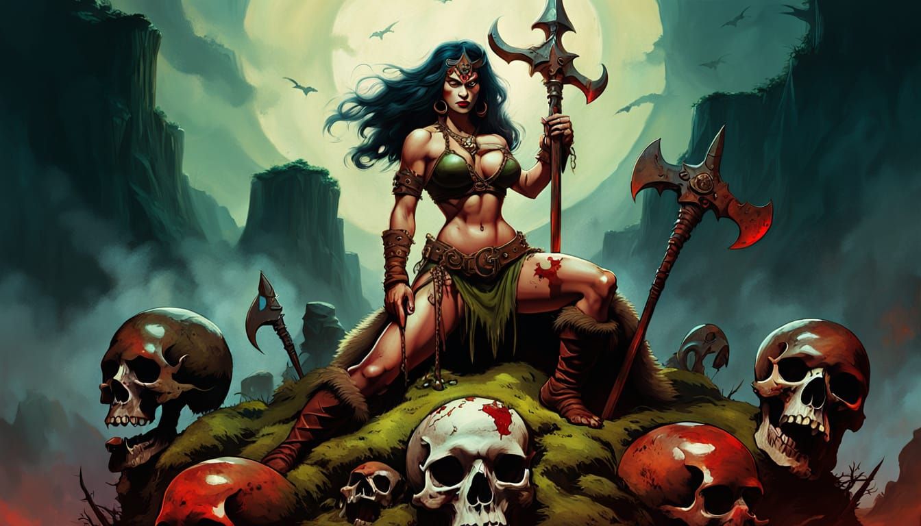Barbarian Queen on Skull in Frank Frazetta Style