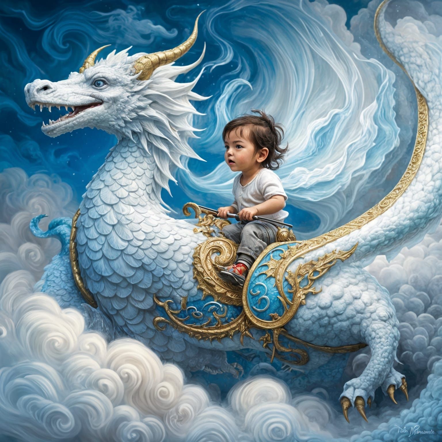 Toddler on Dragon of Clouds, Fantasy Art