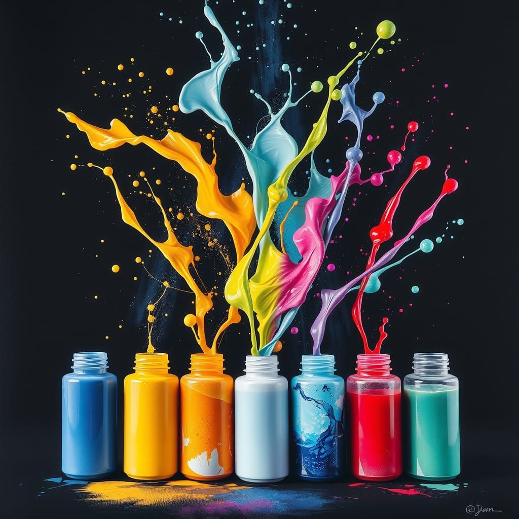 Colorful Paint Bottles Erupting in Abstract Watercolor