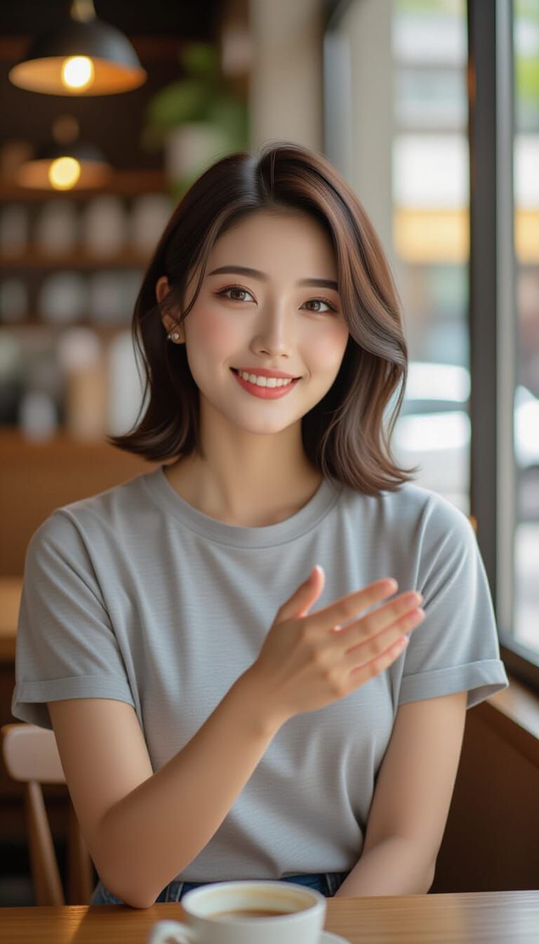 Japanese Idol's Warm Welcome in Cozy Cafe